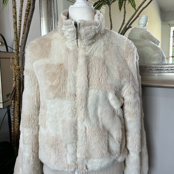 Vintage 90s ESPRIT Checkered Faux Fur Coat Bomber Jacket Mob Wife Size Medium - Picture 2 of 10